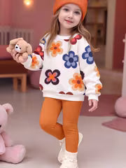 2pcs Set, 1- Girls Sweet Set, Orange Retro Mirad Color Floral Print Thickened Warm Round Neck Long Sleeve — view 1