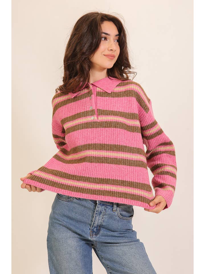 Striped Collared Button-Placket Knit Sweater — view 3